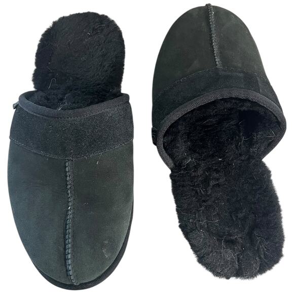 Ugg black shearling fur & suede slipper slides men's size 9 - Picture 2 of 4